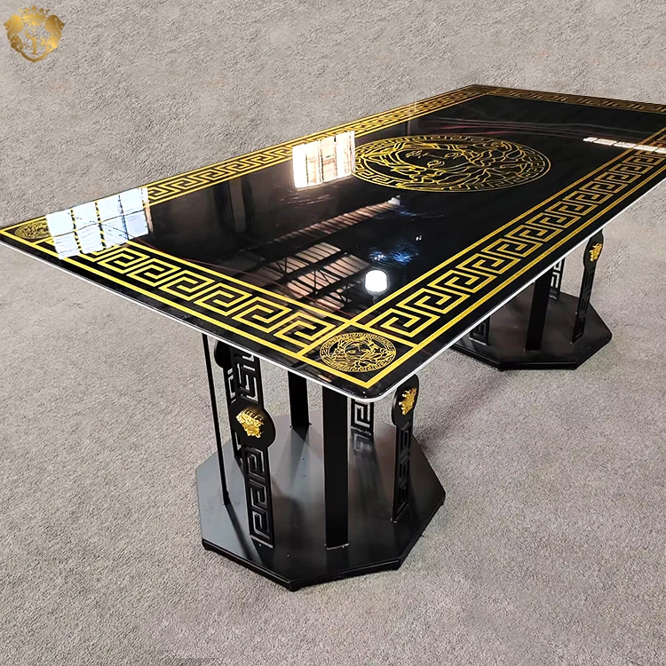 Luxury modern custom metal meeting Greek key dining table hotel Italian designer tempered glass sintered stone gold dining table
