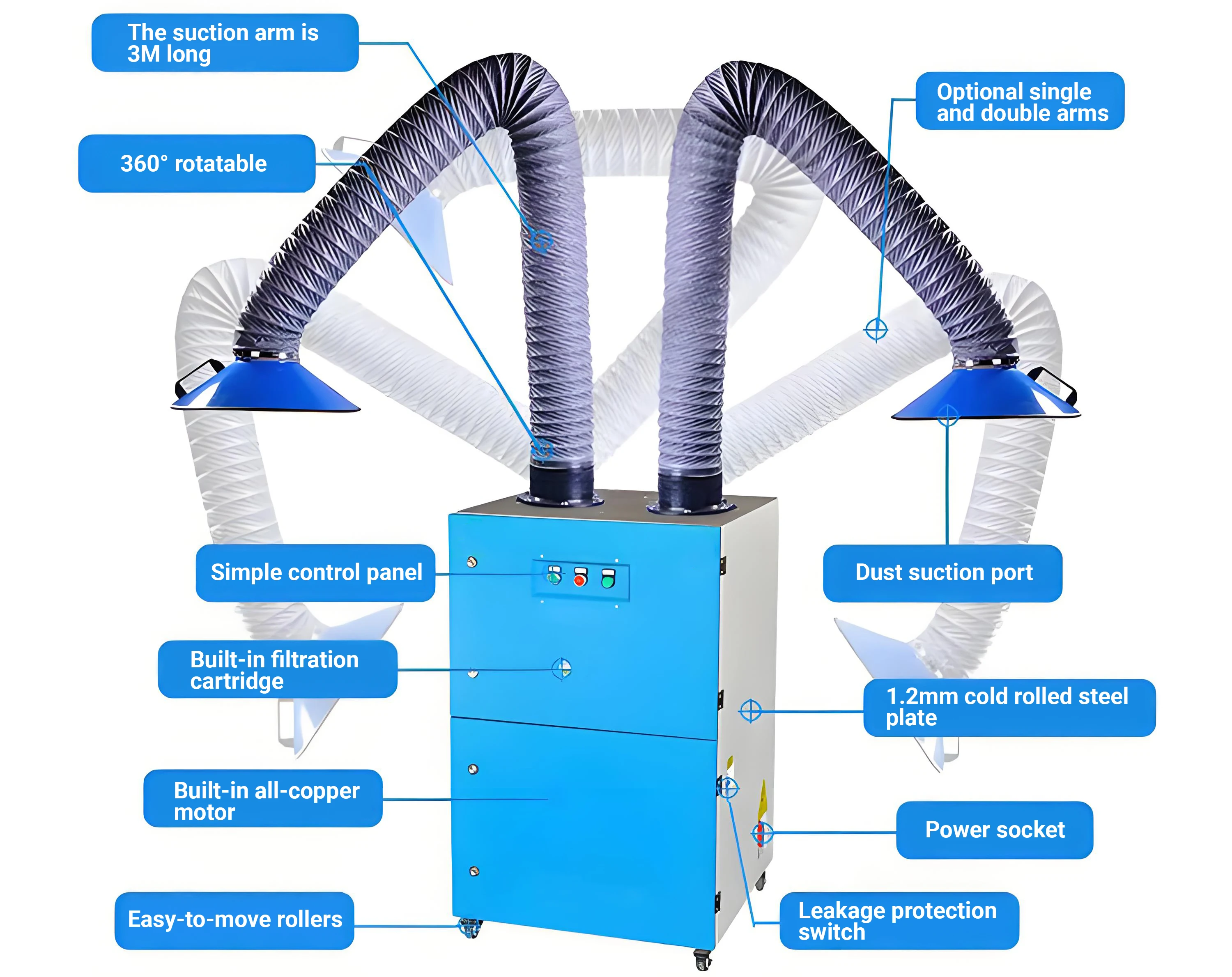 Portable welding fume extractor for welding fume collection in metal fabrication manufacturing plant