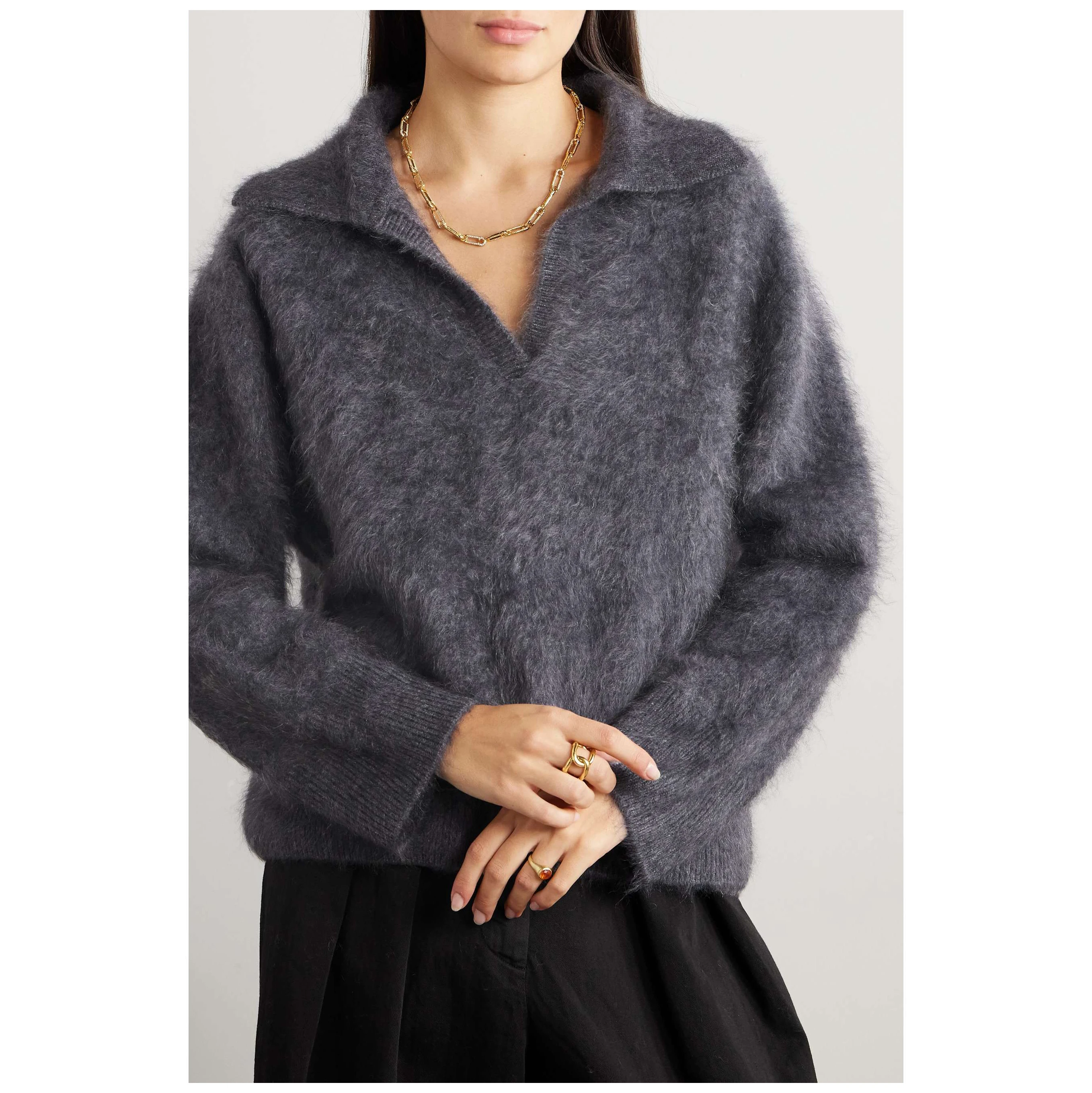 Wholesale custom women long sleeve relaxed fit polo neck brushed furry alpaca mohair sweater