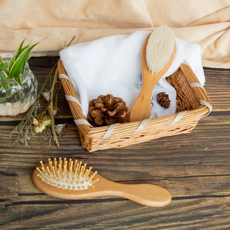 Hot Selling Soft Newborn Cradle Cap Hairbrush Goat Baby Hair Brush and Comb Set Baby Wooden Hair Brush Set for Infant Toddlers