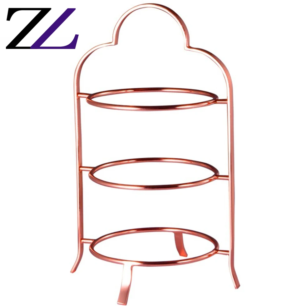Rose gold stainless steel wire 3 tiers shelf for glass ceramic plates serving dessert food display stand catering buffet rack