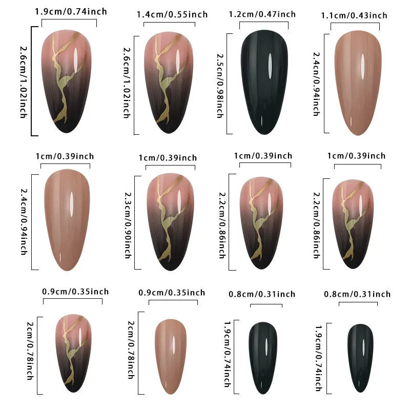 Almond Press on Nails Medium French Tips Fake Nails Matte Acrylic False Nails with Gold Foil Designs Full Cover Gradient Color