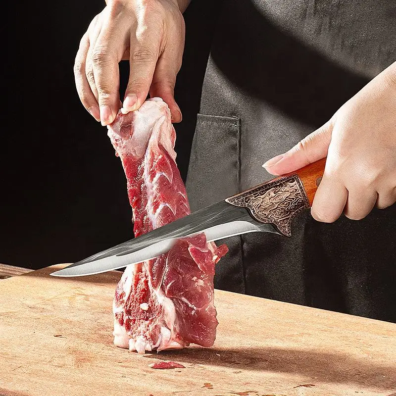 Forged Carbon Steel carving paring boning butcher cleaver kitchen knife set with wooden handle