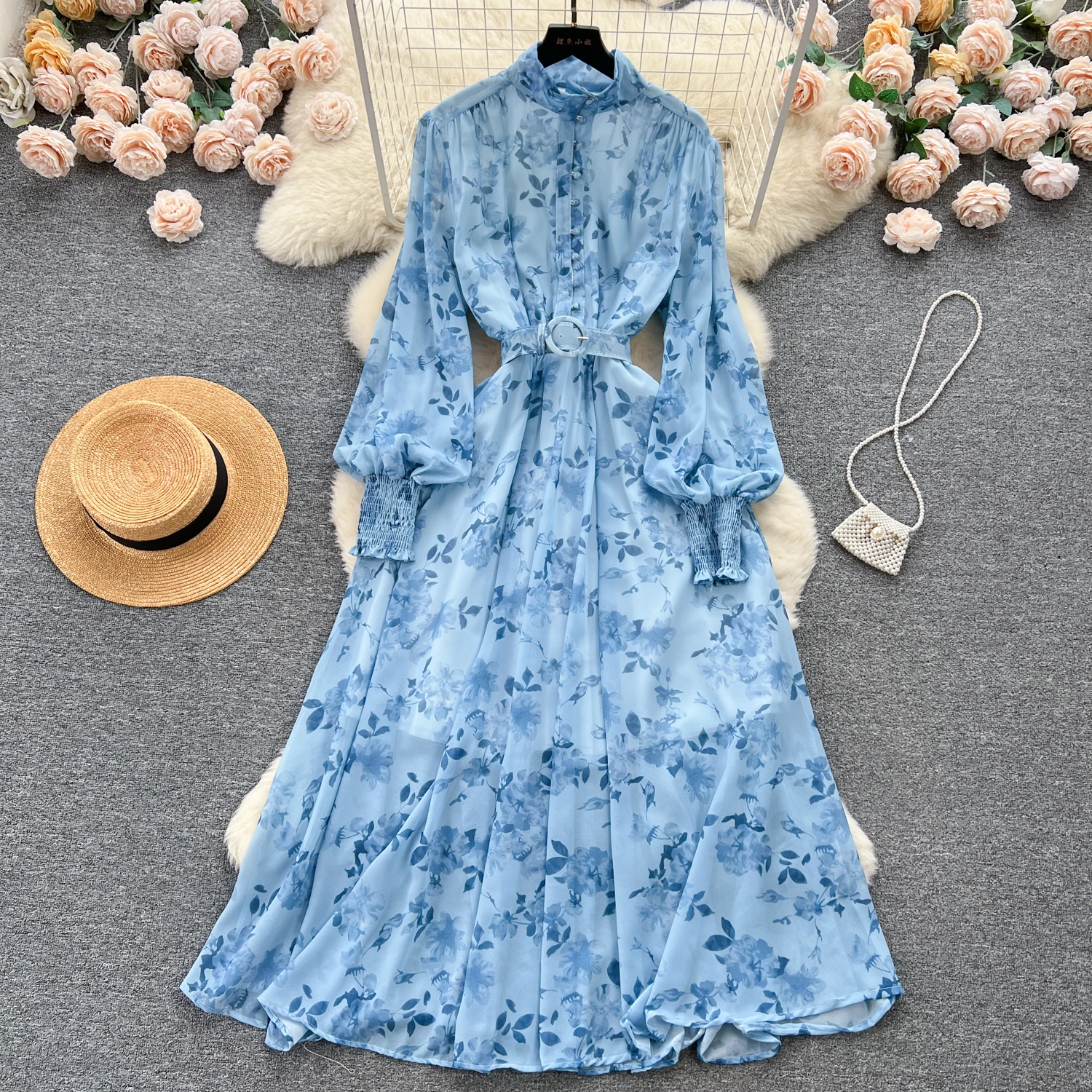 Wholesale new fashion french style maxi bubble long sleeve print ladies shirt floral fall casual chiffon dresses women