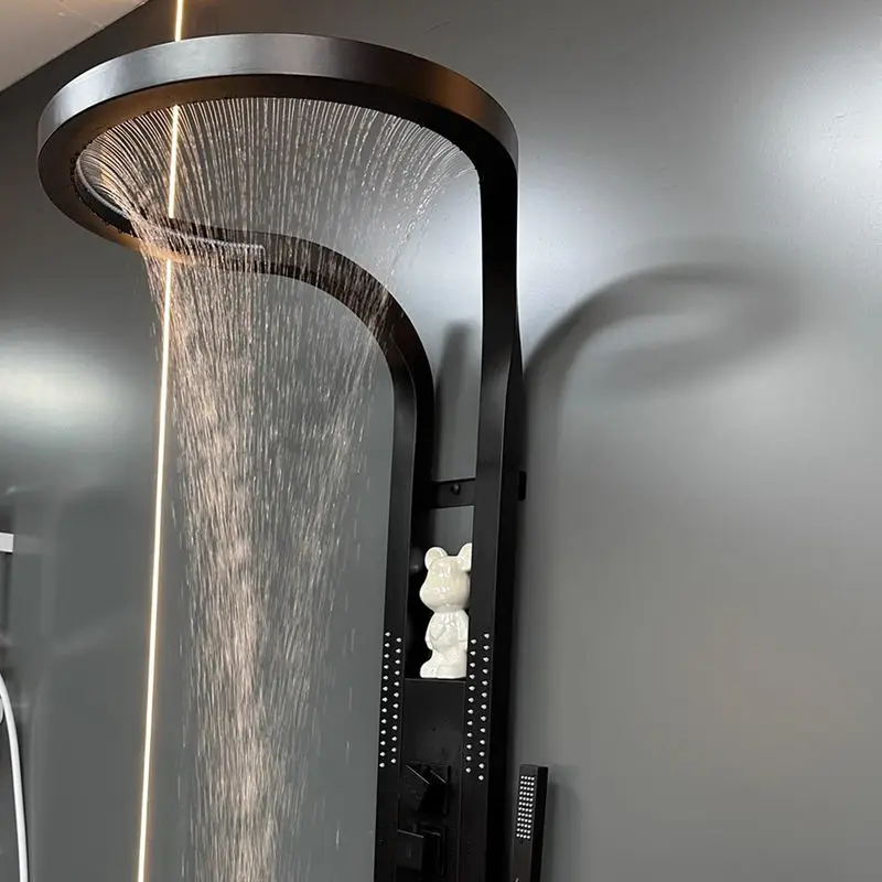 Fashionable Black Brass Wall Mounted Multi function Shower Panel Bathroom Large Waterfall Rainfall Shower Set