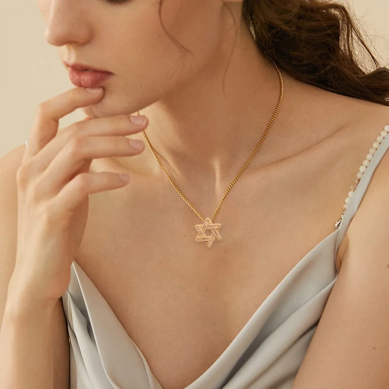 Custom Baguette Hexagram Star David Pendant  Religious 18K Gold Plated Geometric Hexagon Empty Star Pendant 925 Sterling Silver