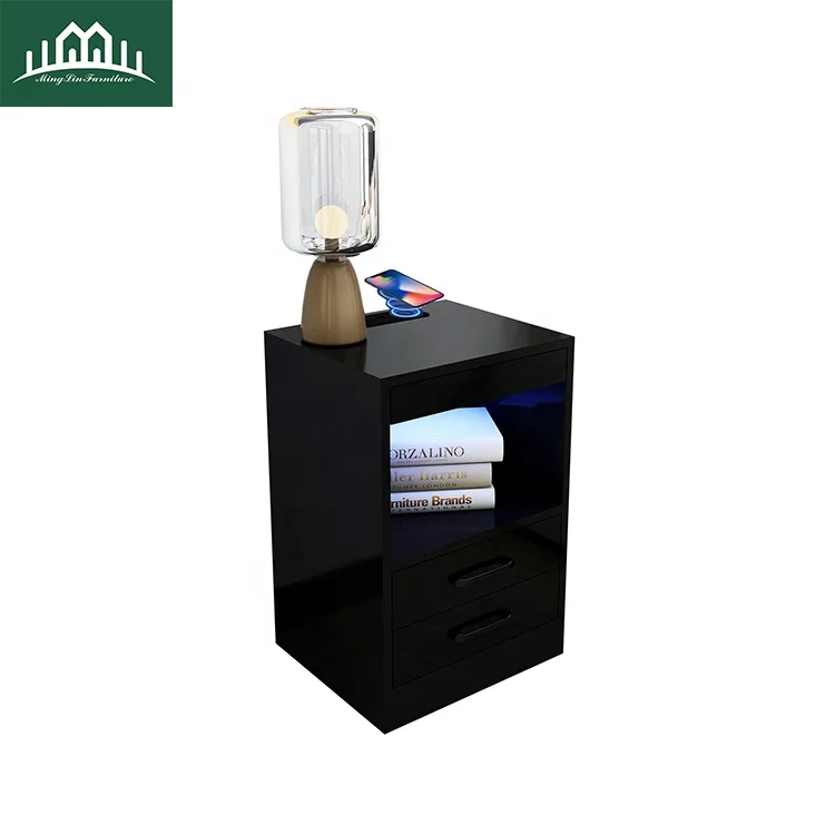 Side Bed Table Smart  Wooden Modern Bedside with  Drawer and Charging  Station  New Night Stand Bedroom Furniture