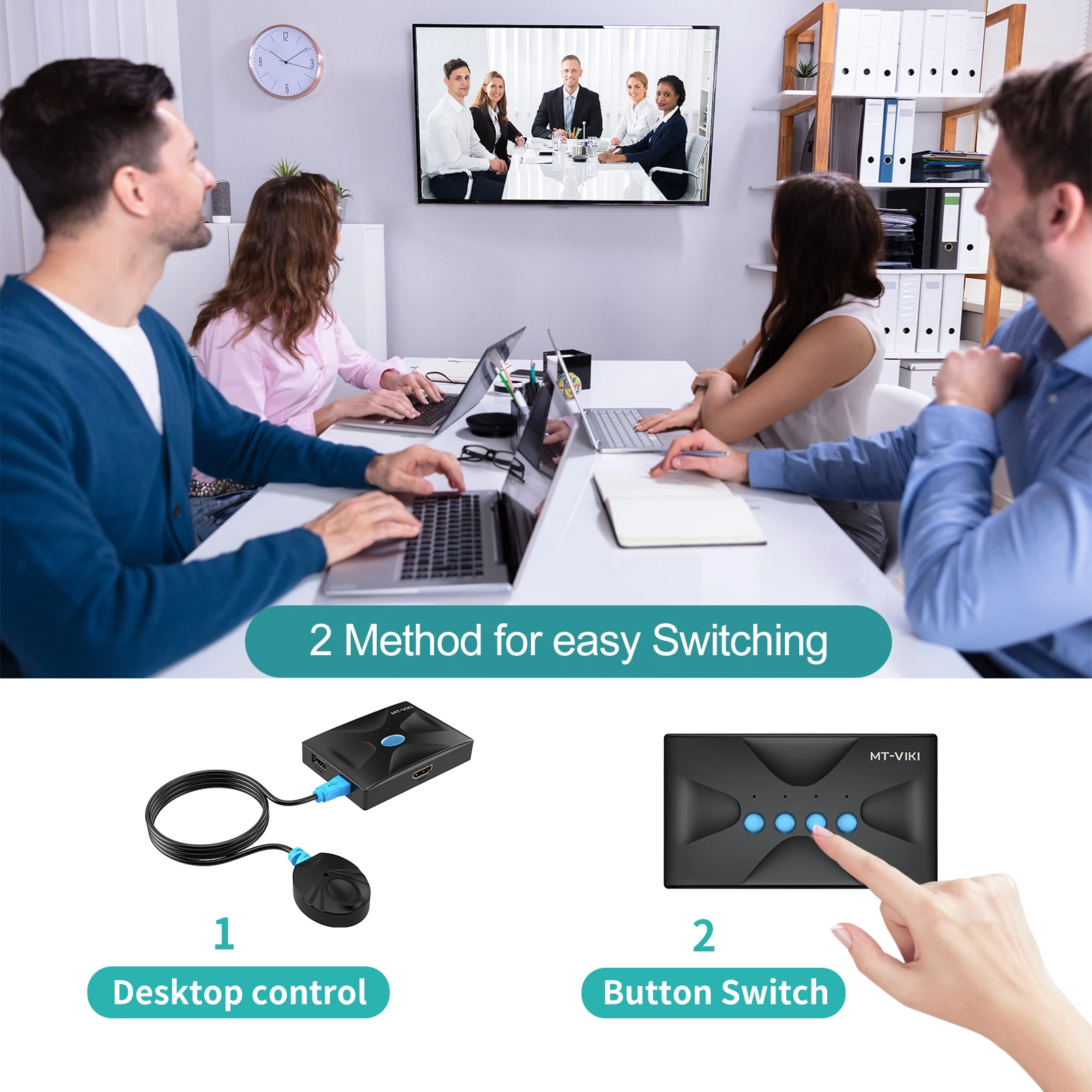 4K HDMI KVM Switch 2 Port+ Cables, MT-VIKI 4K@30Hz Desktop HDMI KVM Switch Selector box for 2 Computers 1 Keyboard Mouse Monitor