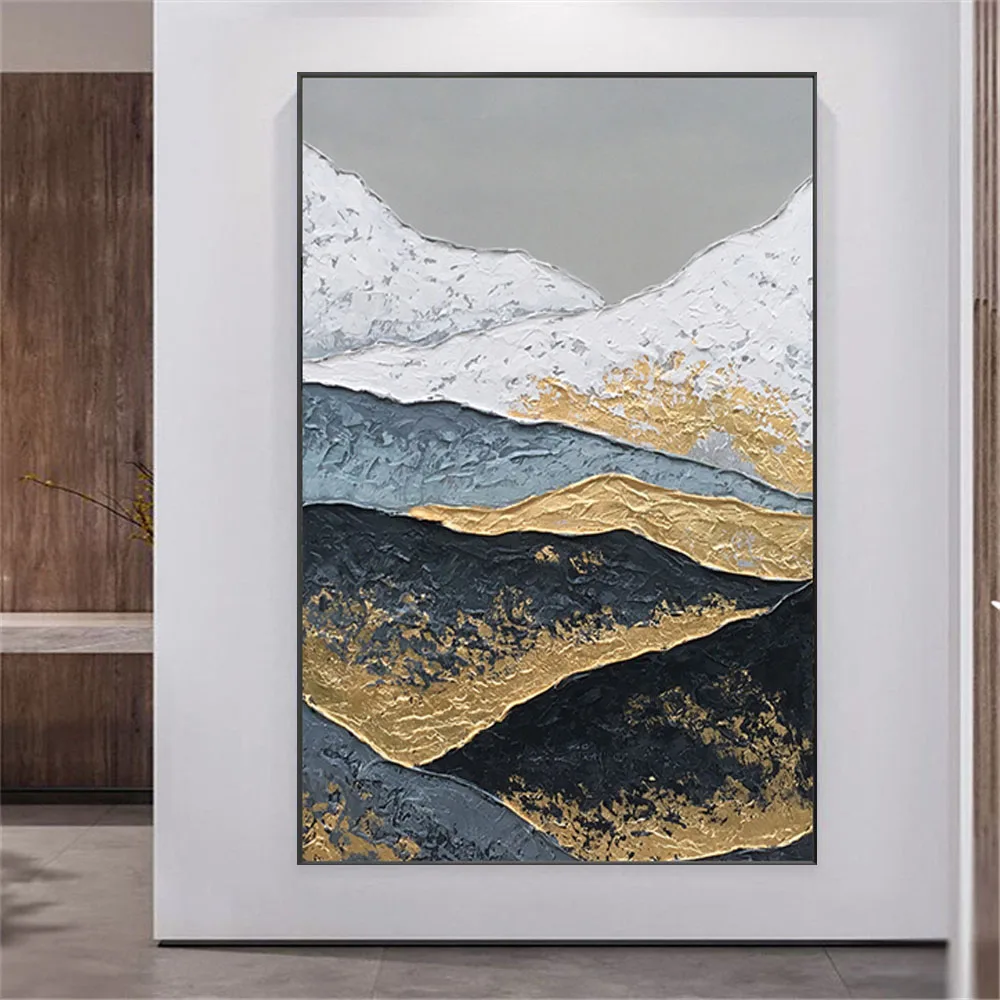 Oil Hand Painted Picture Black and White Artwork Obsidian Mountain  Snow  abstract canvas oil painting  gold for profesional