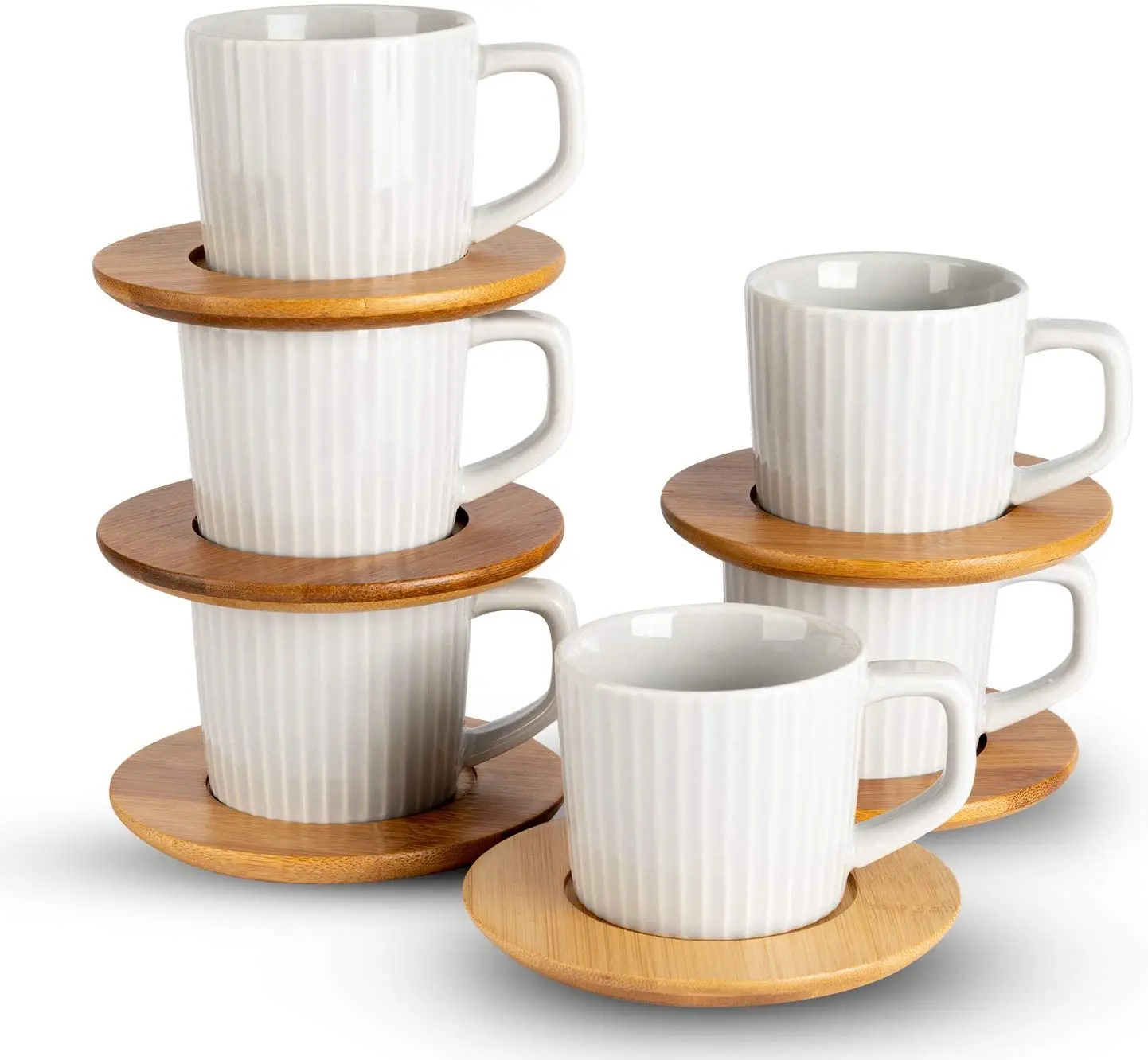 Sample Available Wholesale Porcelain Espresso Cup Set with Bamboo Saucers Stripe Ceramic Tea Mug Coffee Cups 6pcs 3.4oz Gray