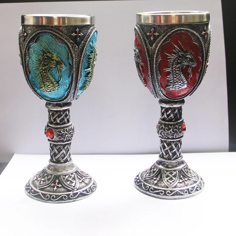 Shaped Goblet with Resin Dragon Head Goblet Three-dimensional Pattern Double Layer Stainless Steel Resin Wine Cup