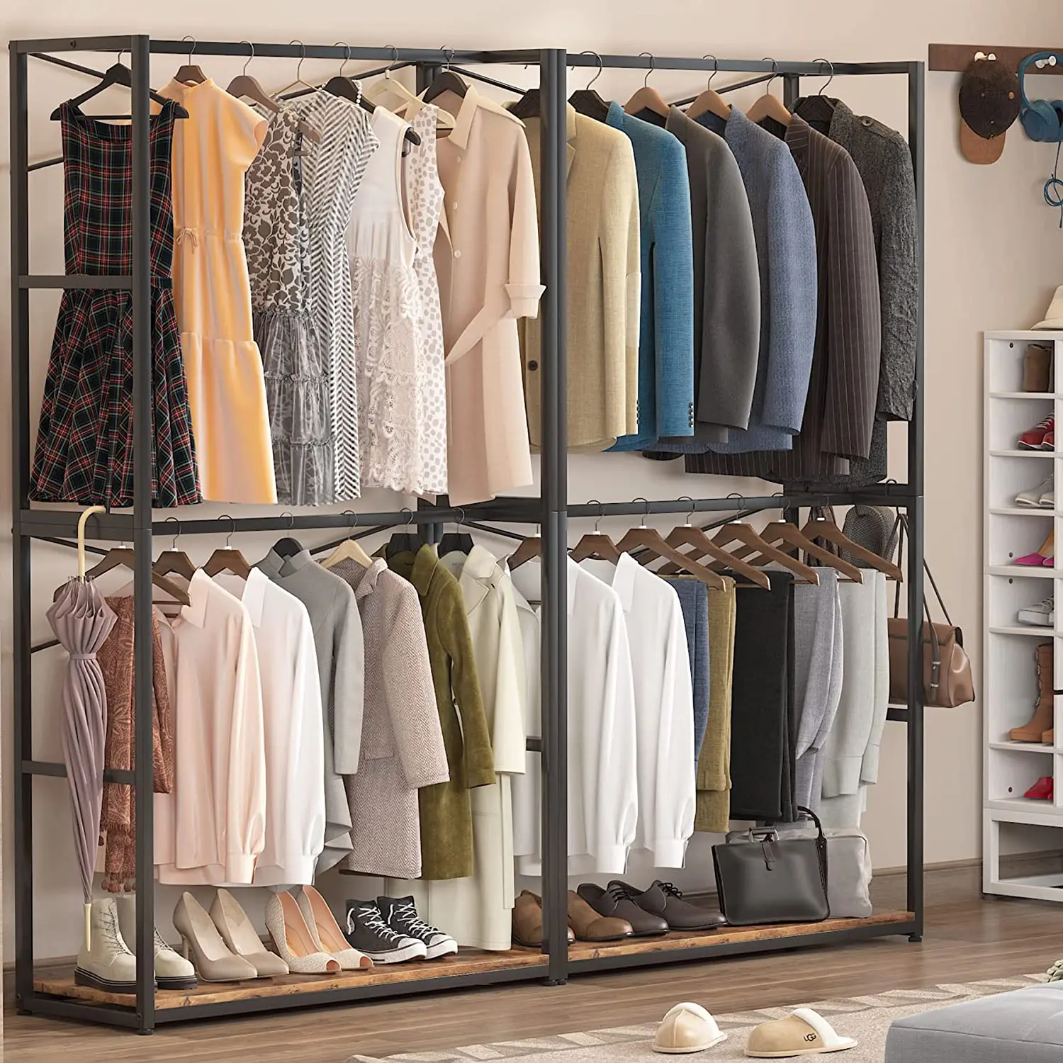 Free-standing Closet Organizer Double Hanging Rod Clothes Garment Rack Large Wardrobe Clothing Storage Closet System