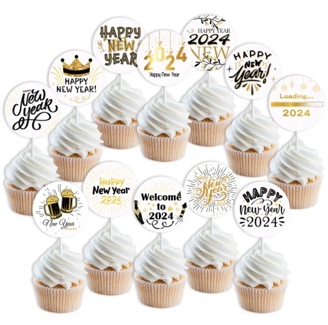 Gold Black Happy New Year hat Hello 2025 firework gift design Cupcake Toppers Cake toppers for Cheer New Year Eve Party supplies