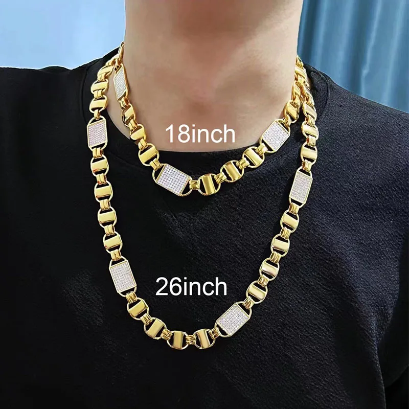 14mm Square Clustered Cuban Chain Necklace For Men Women Hip hop Link Gold Color Iced Out Zirconia Fashion Rock Jewelry Gift