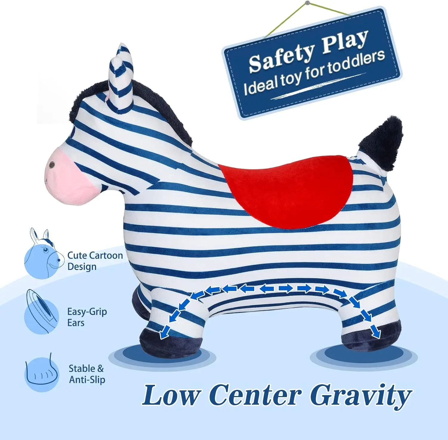 Bouncy Horse Blue Plush Zebra for Toddlers - Inflatable Bouncing Horse Hopper Toy, Ride on Bounce Animal