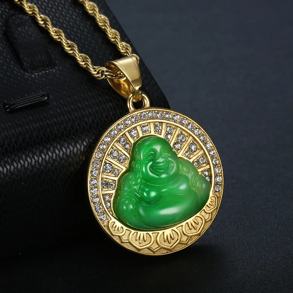 34*34mm round pendant stocks 18k gold Iced out stainless steel carved jade buddha