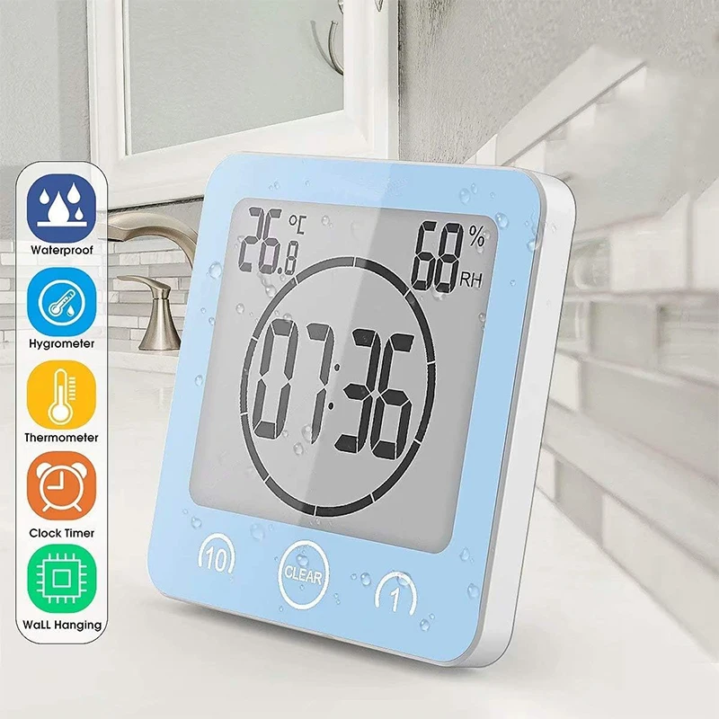 Bathroom Clock Waterproof Digital Shower Clock with Alarm Bathroom Humidity Temperature Meter with Timer Touch Screen