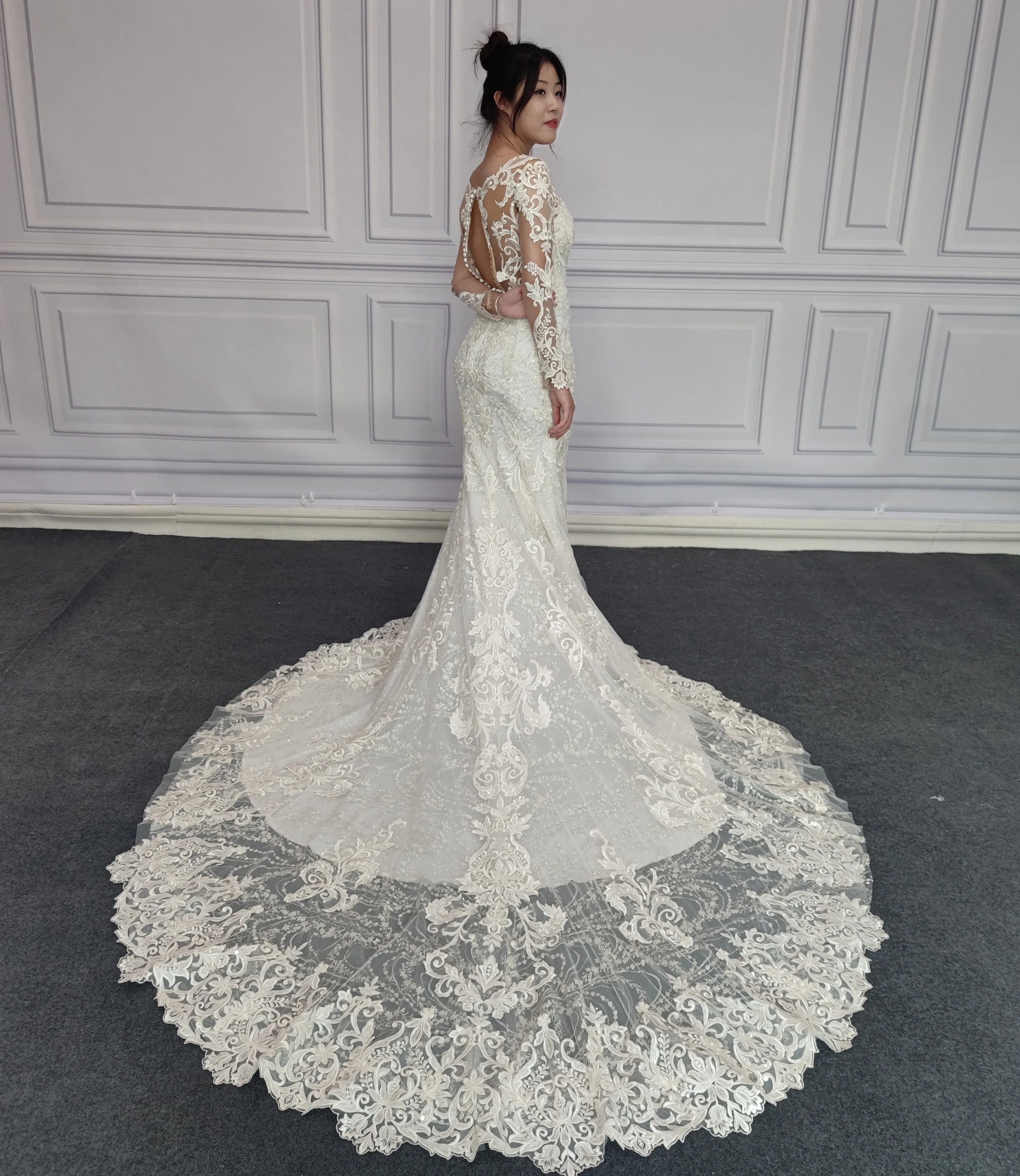 Long Sleeve Lace Mermaid Wedding Dress 2023 China Guangzhou Plus Size for Women 1 Piece 100% Polyester Modern Illusion Ivory