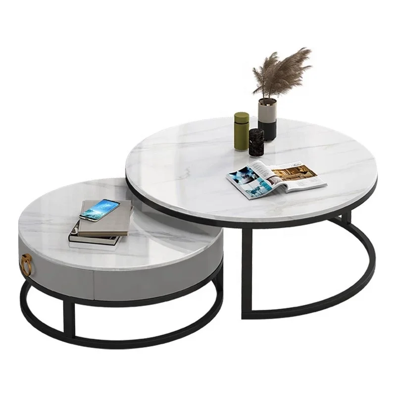 Modern Fashion Design  Living Room High Glossy Marble Top 2pcs Tea Table With Drawer Round Small Cafe Table Coffee Table