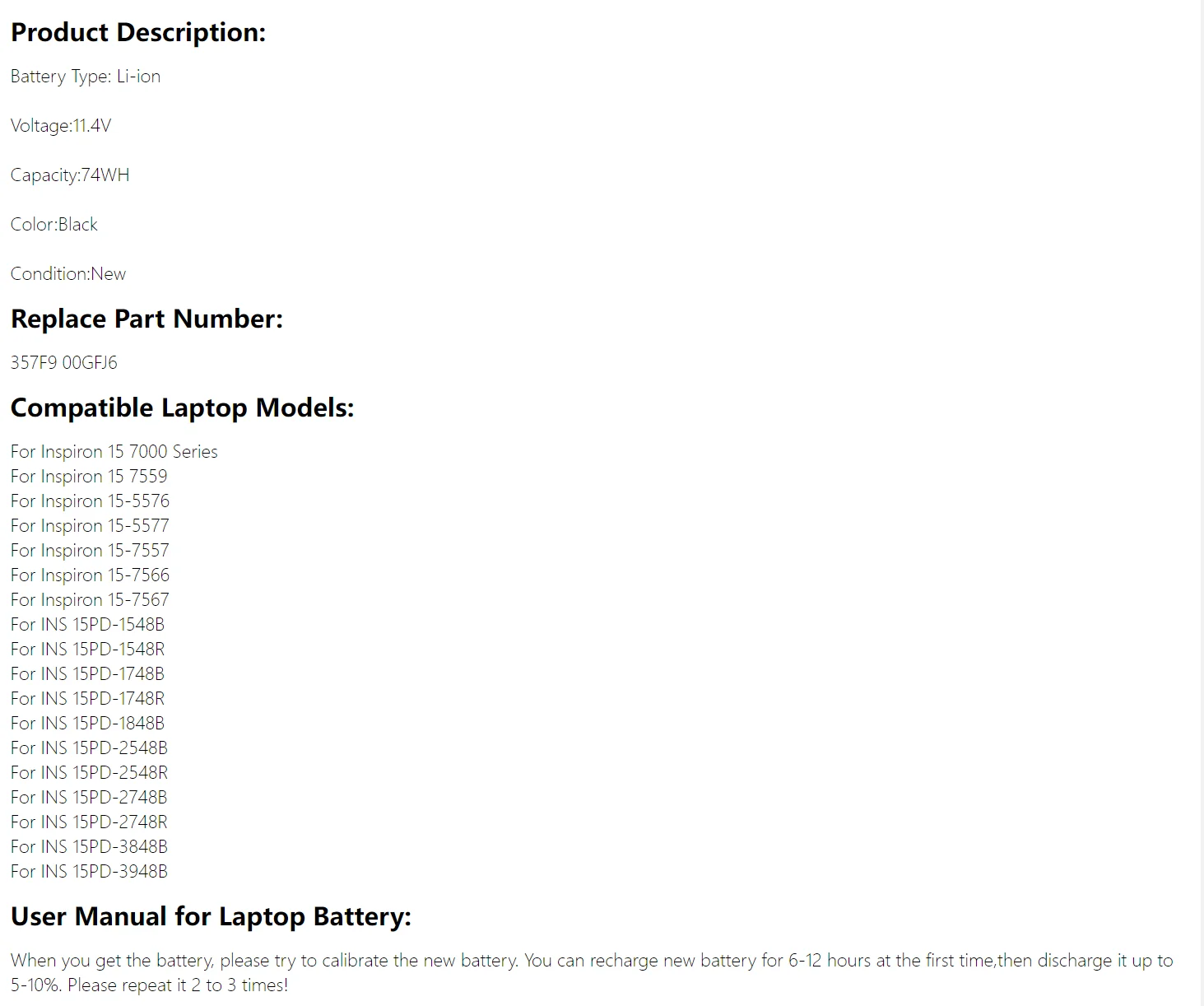 357F9 Laptop Battery For Dell Inspiron 15 7559 7000 7557 7567 7566 5576 5577 P57F P65F INS15PD-1548B Battery 357F9 11.4V 74WH