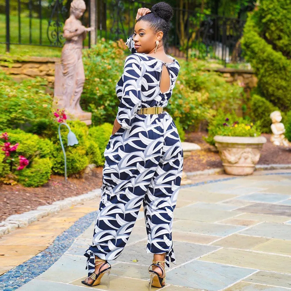 fall 2021 women clothes Long-sleeved Geometric pattern printing casual loose wide-leg one piece jumpsuits women