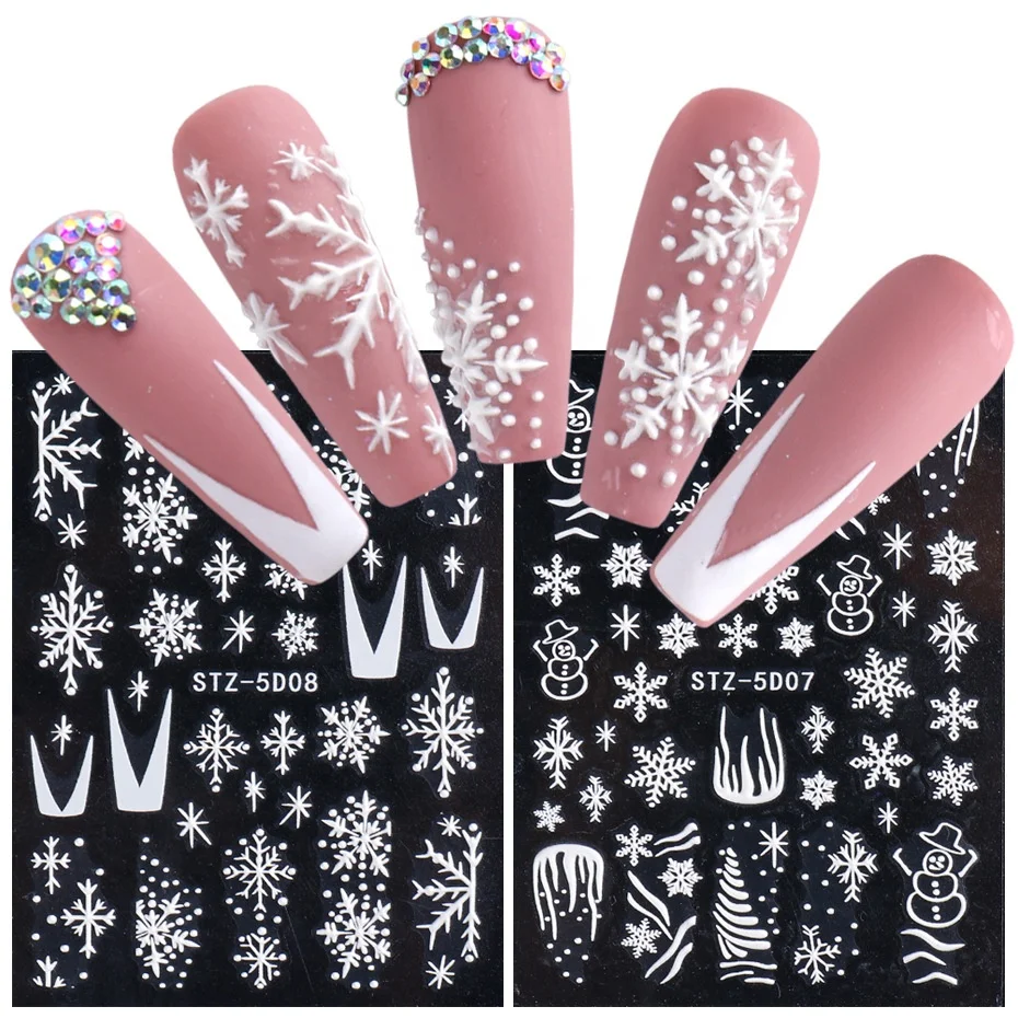 5D White Snowflakes Embossed Sticker Christmas New Year Nail Art Design Winter Charms Flower Manicure Slider Decals STZ5D01-08