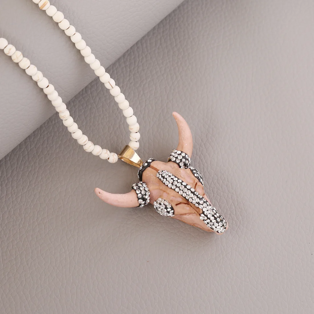 Bohemian Women Statement Gold Plated Skull Head Pendant Necklace Natural Amazonite Stone Bull Horn Necklace