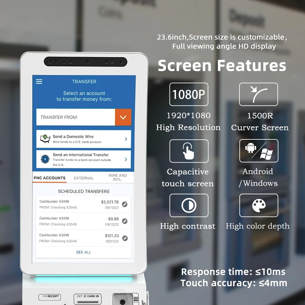 Curved metal housing design 23.6 inch capacitive touch flexible screen keyboard code scanner Wall-mounted self service kiosk