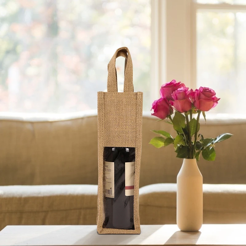 Blank Without Printing Single Wine Bottle Packing with Clear PVC Burlap Tote Gift Jute Bags