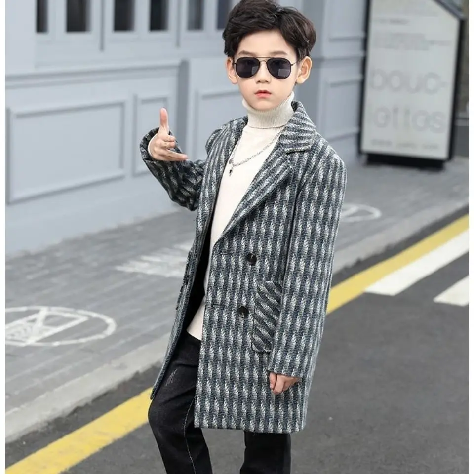 Boys Clothes Autumn Winter Cashmere Children Double-breasted Baby Boy Trench Lapel Woolen Outerwear Coats