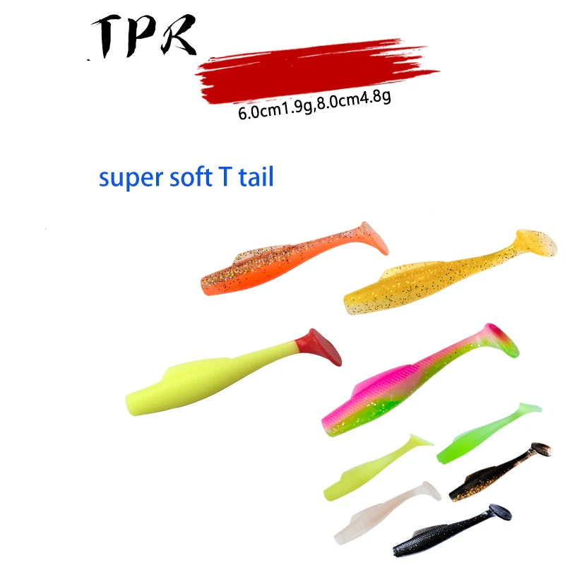 6 PCS/Bag Hot Sale New Arrival 8cm/4.8g Luminous Colorful Pike Bass Fishing Lure t Tail Plastic Soft  Soft Plastic Tpe Lure