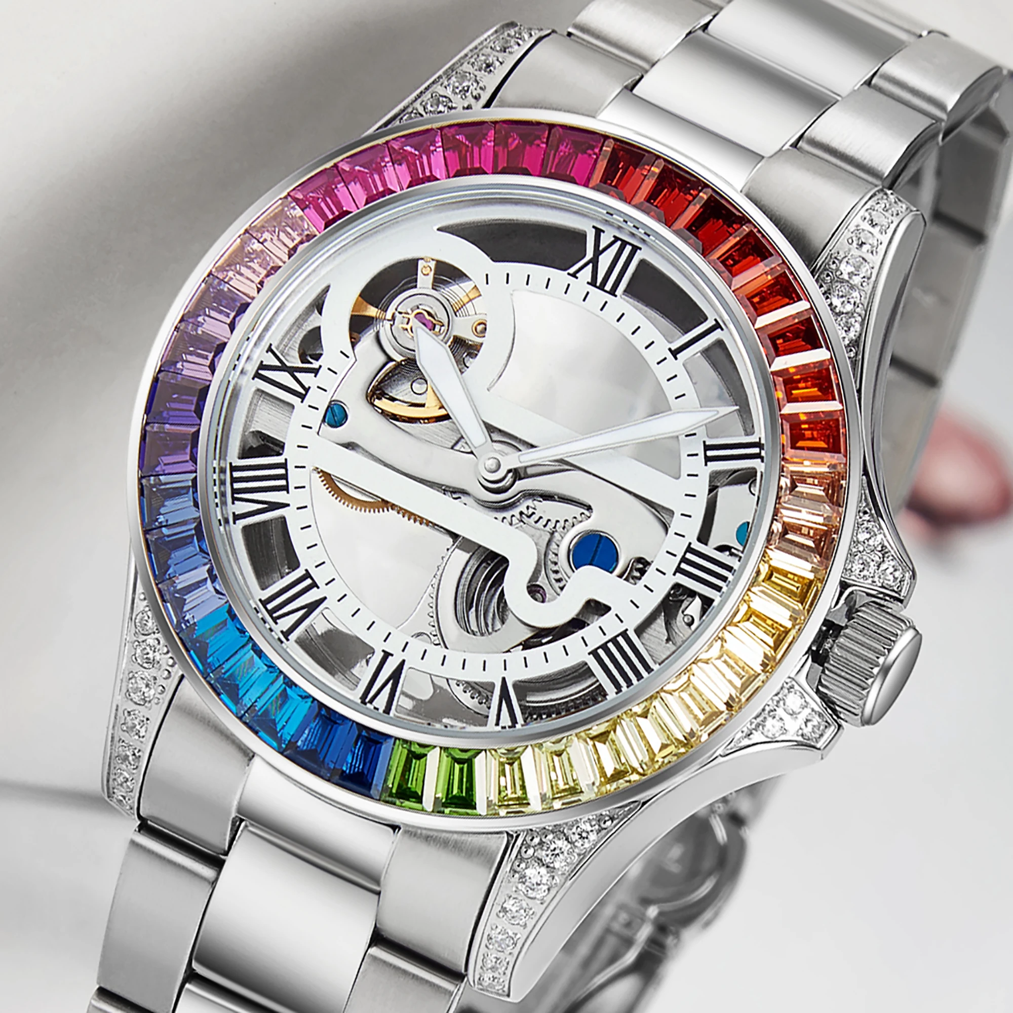 Роскошные мужские часы Davena 61609, автоматические многоцветные Роскошные мужские часы из нержавеющей стали с фианитами, автоматические часы (1600456566524)