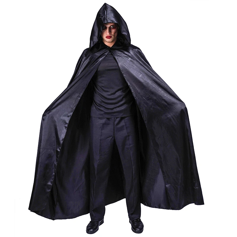 Halloween Adult All Black Hooded Cape Party Cosplay Vampire Cloak Costume for Men