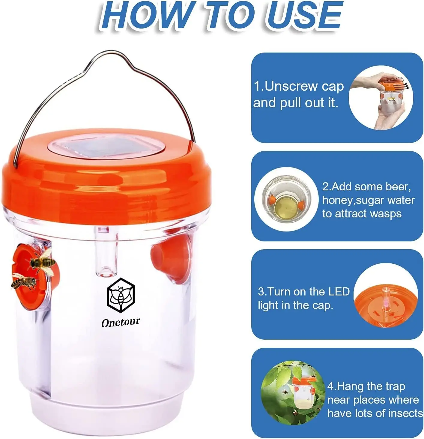 Reusable Wasp Catcher Trap with Solar Power UV LED Light Hanging Wasp Killer for Outdoor Yellow Jackets