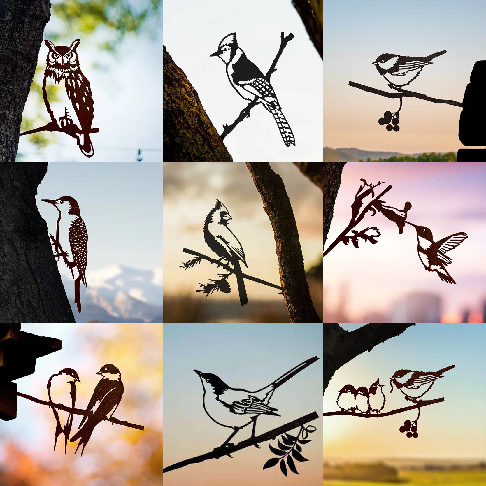 Metal Birds Yard Decor Garden Silhouette Powder Coated Rust Proof Iron Bird Tree Art Ornaments Garden Ornaments