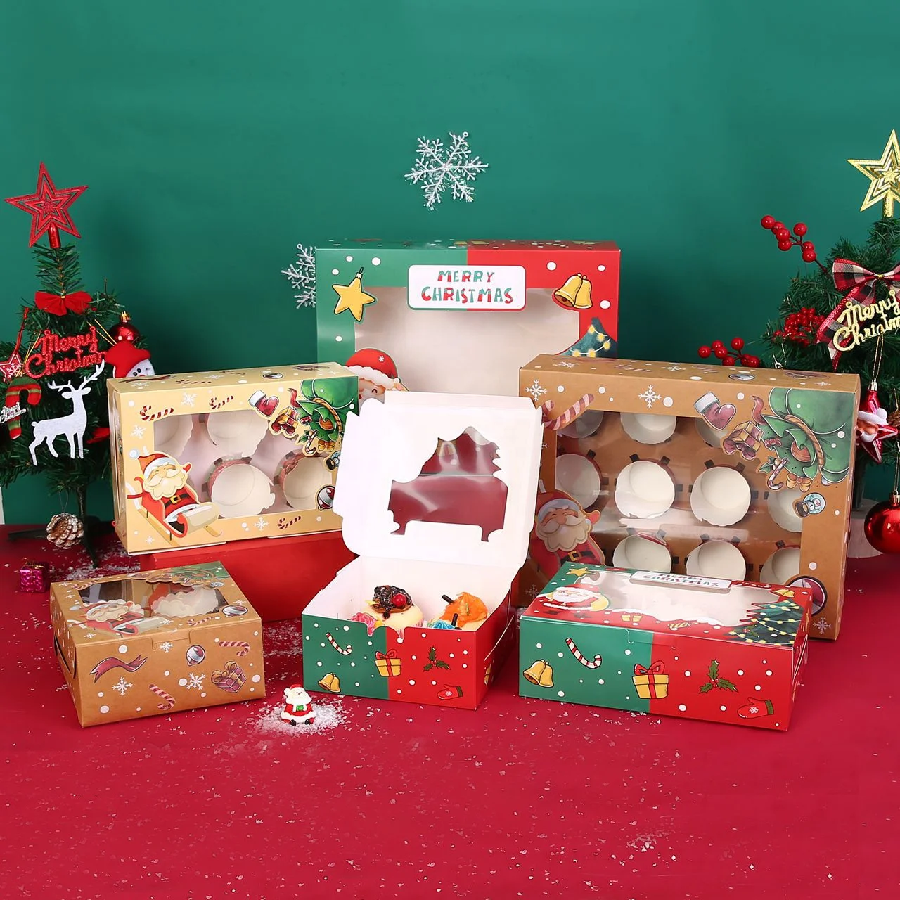 XJH 4/6/12 Holes Christmas Paper Cupcake Box with Clear Window Round Cake Bento Box with Insert and Clear Lid Jumbo Cupcake Box
