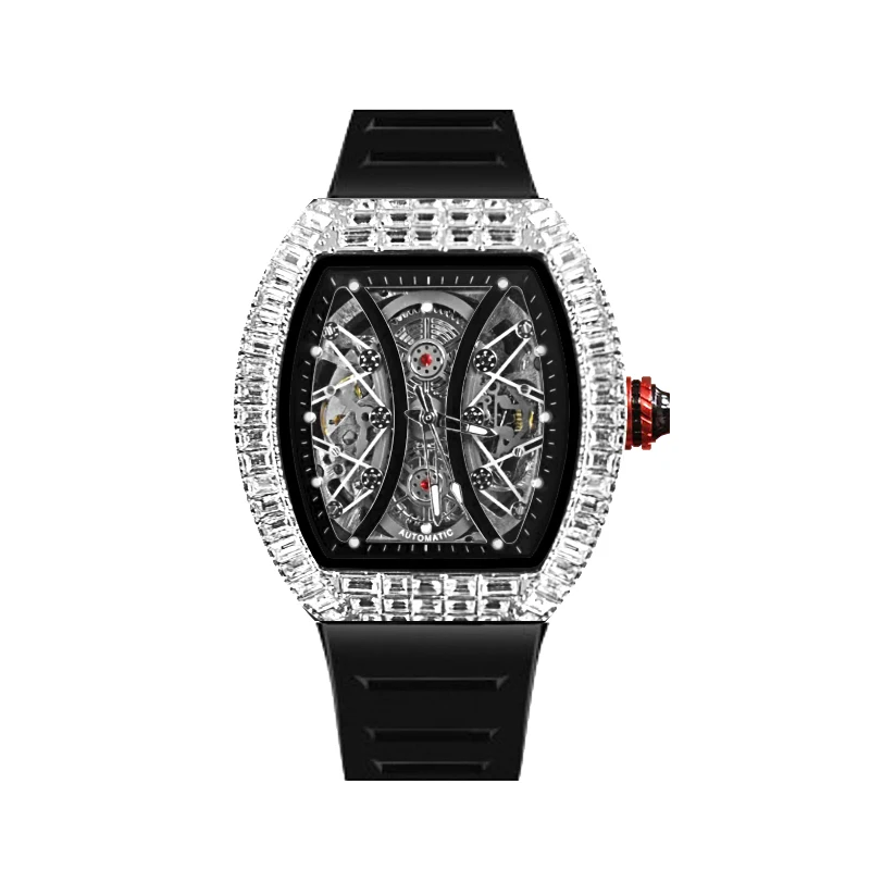 TEVISE Accept Custom Full Diamond Watches Luxury For Men Rubber Strap Hollow Out Watch Hiphop Moissanite Watch Mechanical