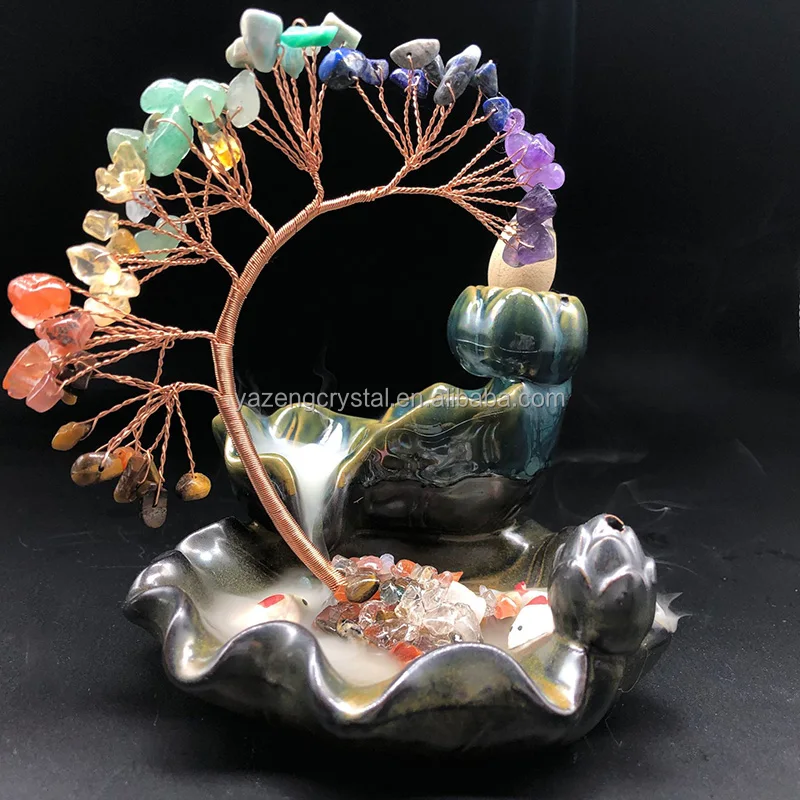 Natural Crystal Chips Tree  Meditation Aromatherapy Ceramic Backflow Incense Holder Handmade Waterfall Incense Burner