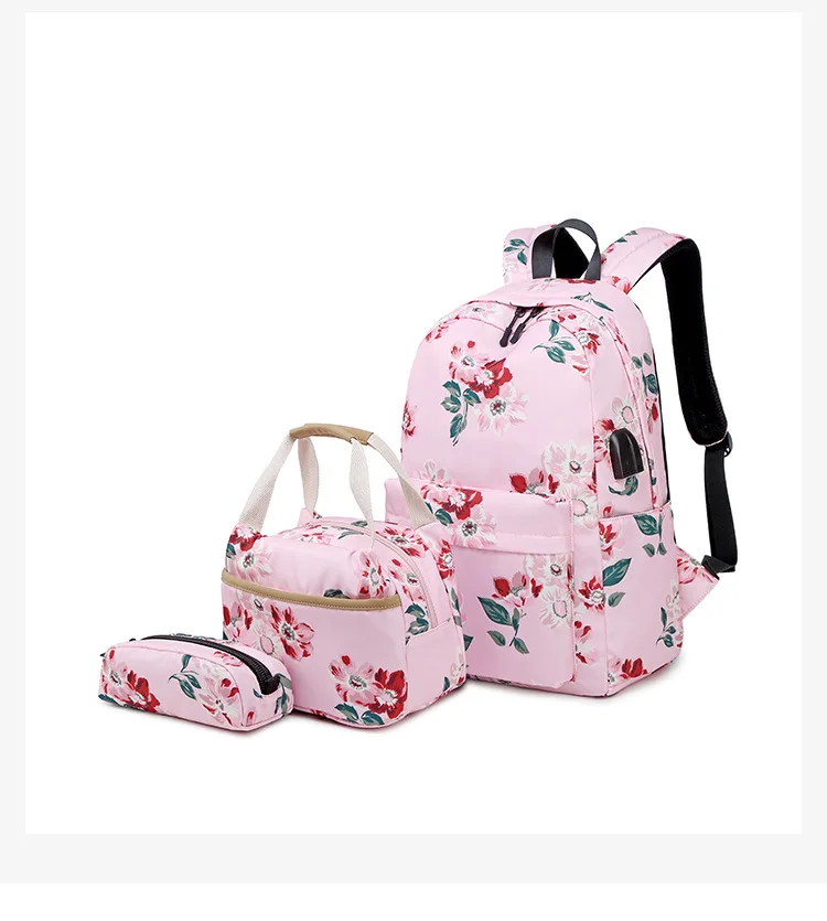 Wholesale Floral Backpack Set Polyester Backpack with lunch bag cooler bag Purse pencil case