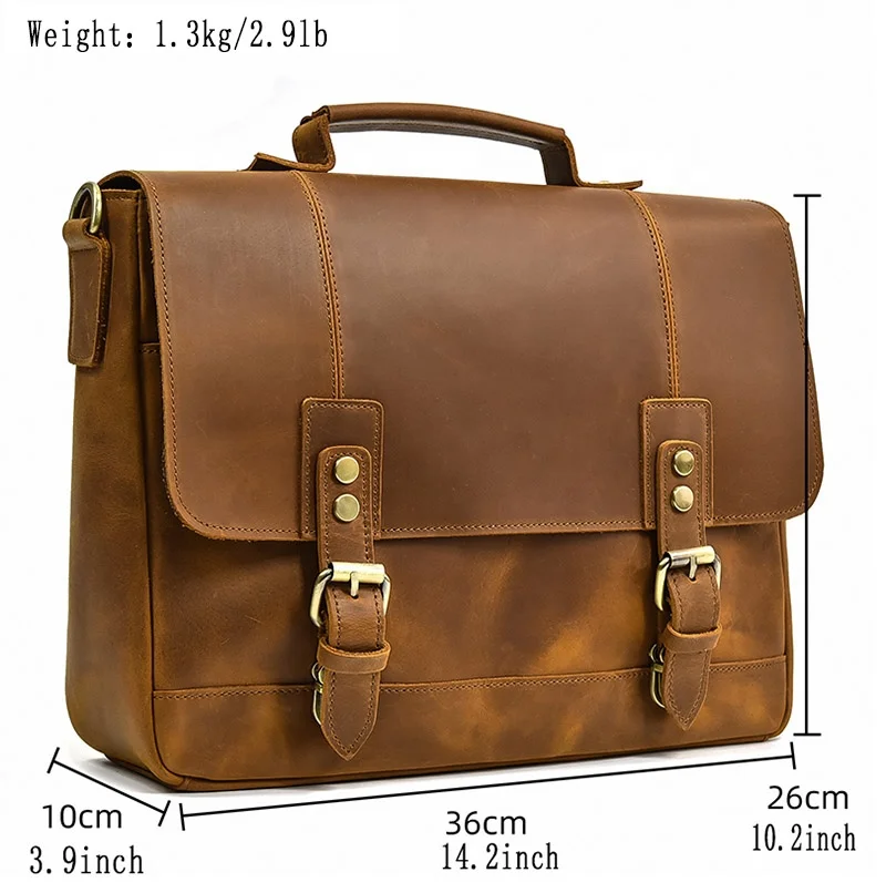 Портфель мужской из кожи Крейзи Хорс, винтажная сумка на плечо из воловьей кожи с зернистой поверхностью для ноутбука 14 дюймов