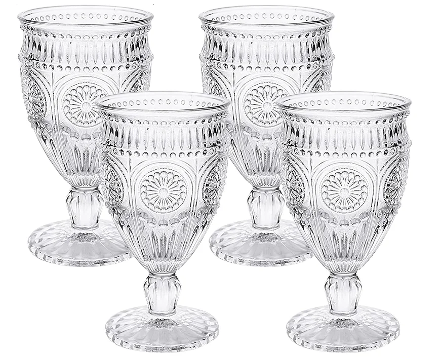 Colored Wine Goblets, 10 Oz Wine Glasses with Embossed Pattern, Vintage Glassware for Party, Wedding, Bar, Wine, Juice,Customize