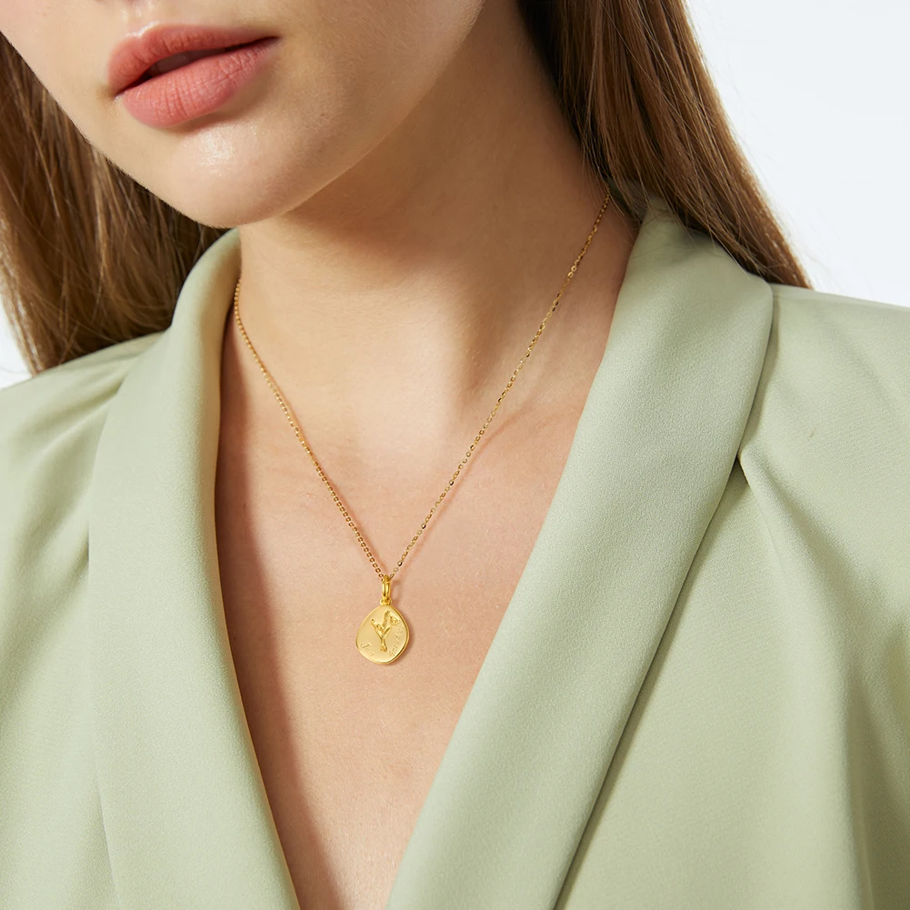 RINNTIN APN33 Custom 14K Gold Plated Sterling Silver Irregular Oval Birth Flower Pendant Necklaces for Women Jewelry