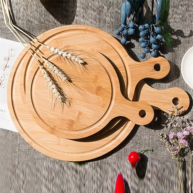 Wholesale Kitchen Pizza Chopping Board Serving Tray Bamboo Round Cheese Cutting Board Set with Handle