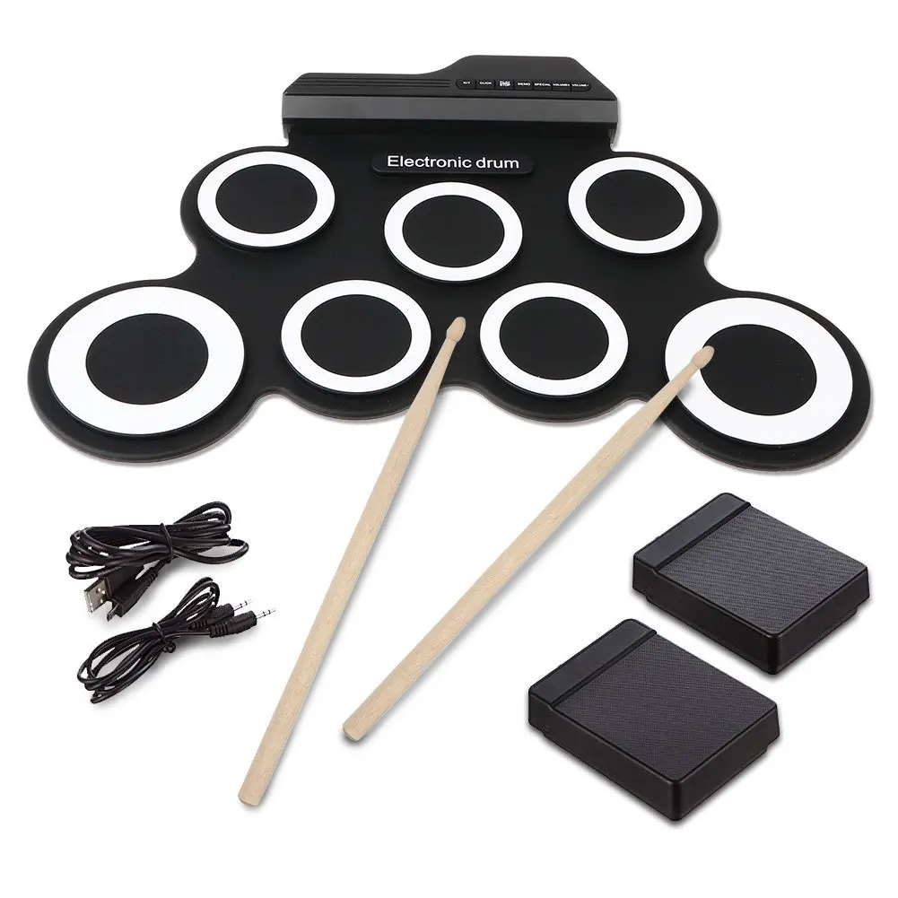 YIZHI Foldable Portable Electronic Drum Kit Kids Roll Up Drum Set with 7 Drum Pads 2 Pedals for Birthday Christmas Gift