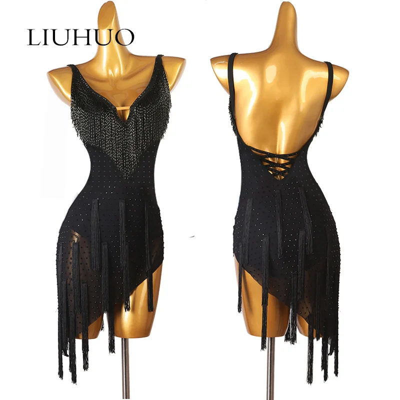 LUHUO Latin Dance Performance Competition Dress Sexy V-neck Latin Samba Chacha Dance Tassel One-piece Skirt