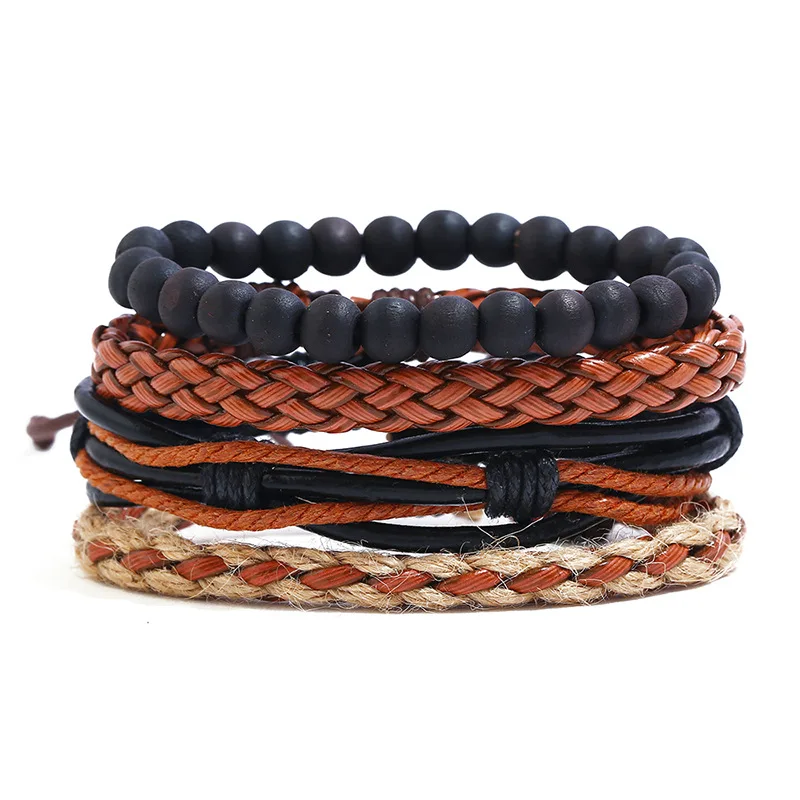 Vintage wood Wooden beads PU leather Woven Ethnic adjustable men bracelet
