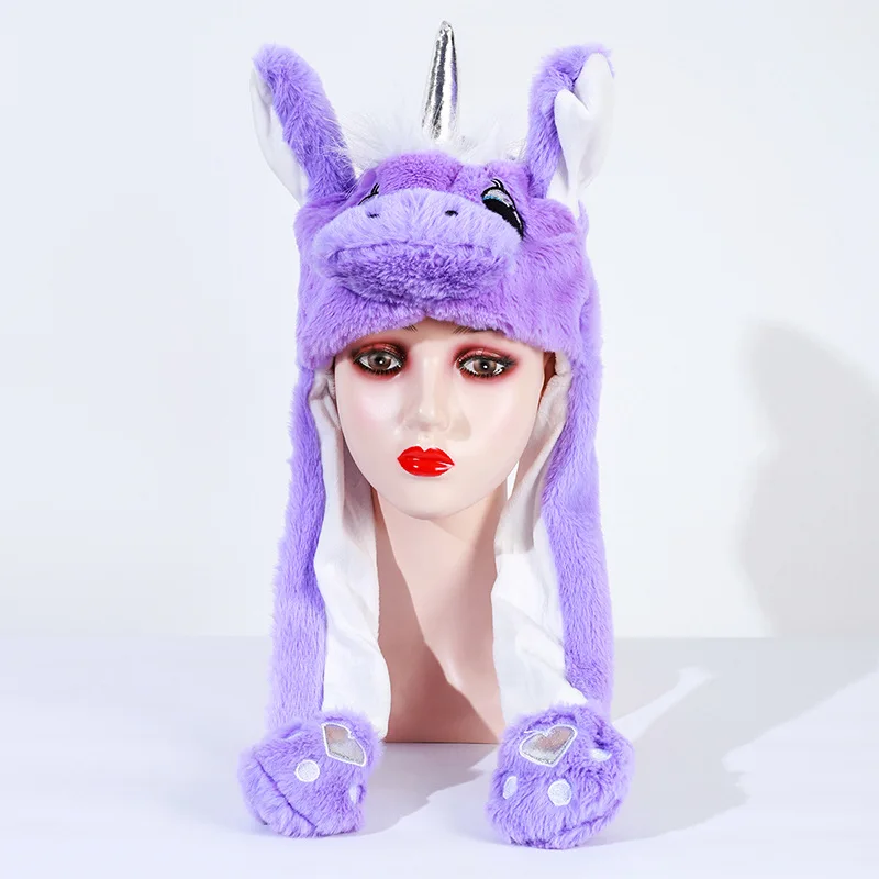 Adult Kids Light Up Plush Animal Hat with Moving Ears Cartoon Rabbit Bunny Panda LED Glowing Earflap Cap Stuffed Toys