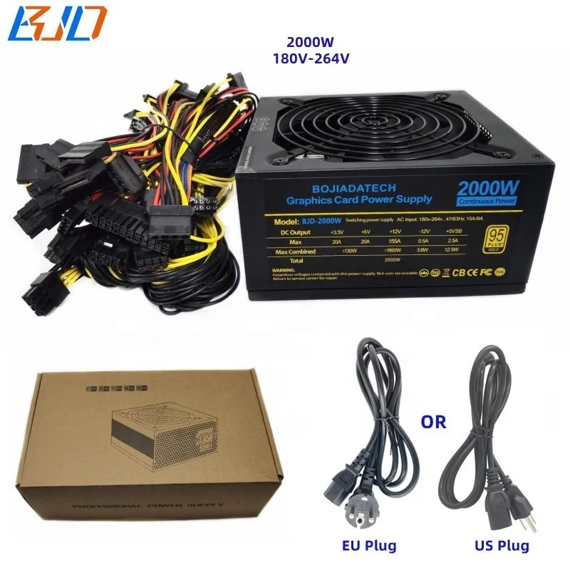 2000 Вт импульсный источник питания ATX PSU с низким уровнем шума вентилятор 95% КПД 180 В ~ 264 в для графической карты 8 GPU Rig Frame