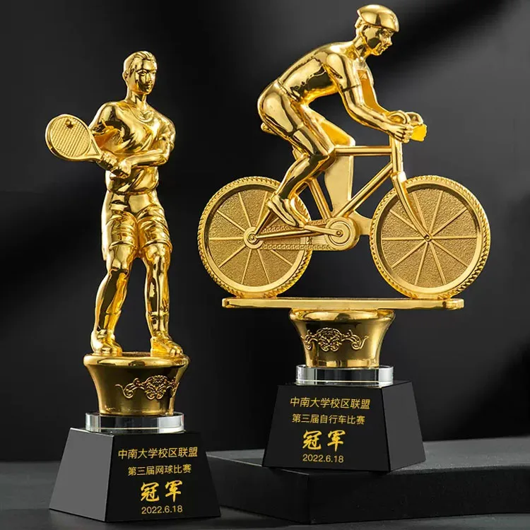 Custom Sports Award Football Metal Cycling Statue Gold Sport Trophy Cups With Black Crystal Glass Base Supplies
