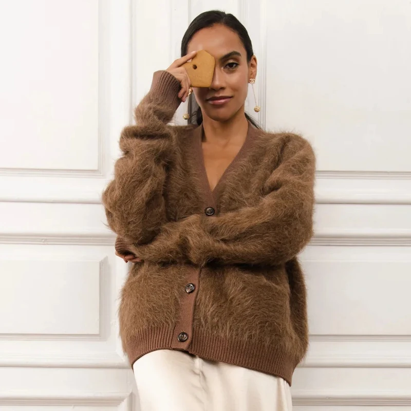 TENGYU Custom Alpaca Chunky Knit Cardigan Women Brown Coat Cashmere Oversize Fuzzy Mohair Sweaters